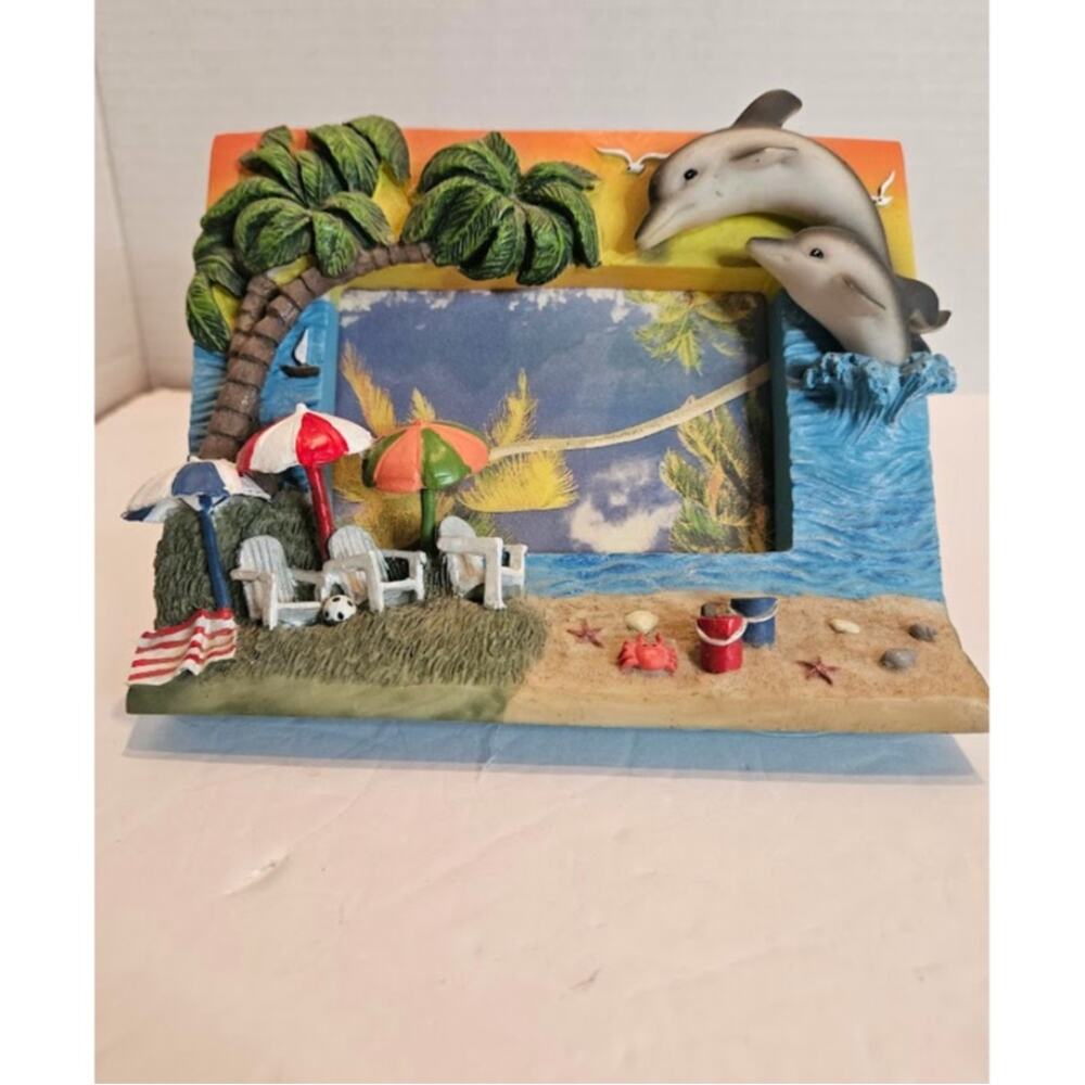 SALE Frame Beach 3D 5"x4"  Photo Picture 3"x2" Dolphin Sand Palm Tree Drinks